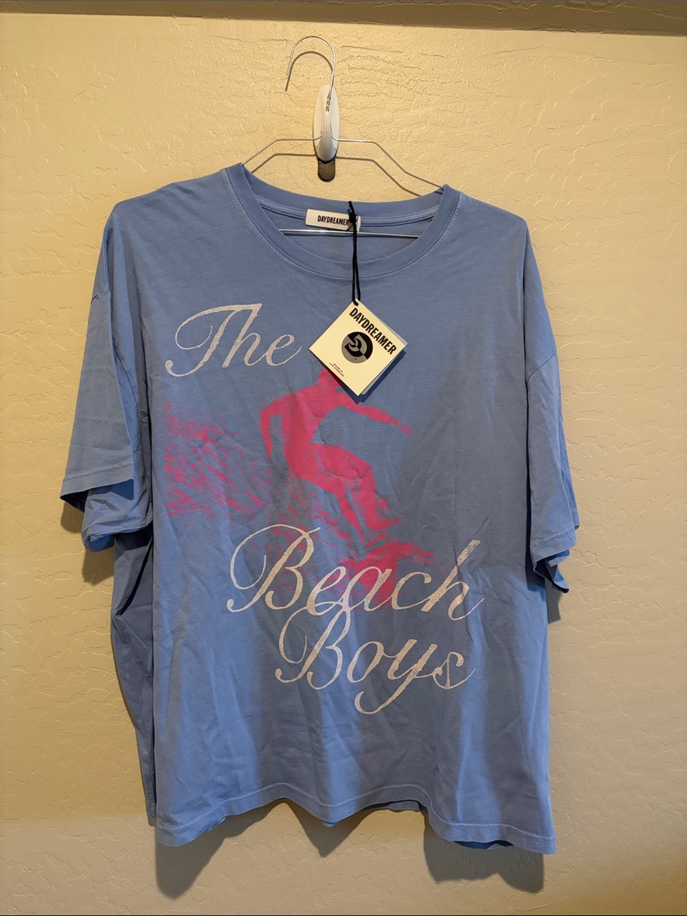 NWT Daydreamer Light Blue The Beach Boys Graphic Tee with Pink Surf Silhouette